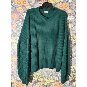 Pink Lily Green Ribbed Bobble Sleeve Sweater Pullover Cozy Knit Women OS